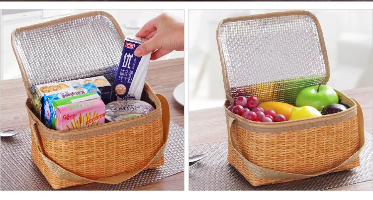 Outdoor Portable Wicker Rattan Picnic Bag, Waterproof Tableware, Insulated Thermal Cooler, Food Container, Basket for Camping