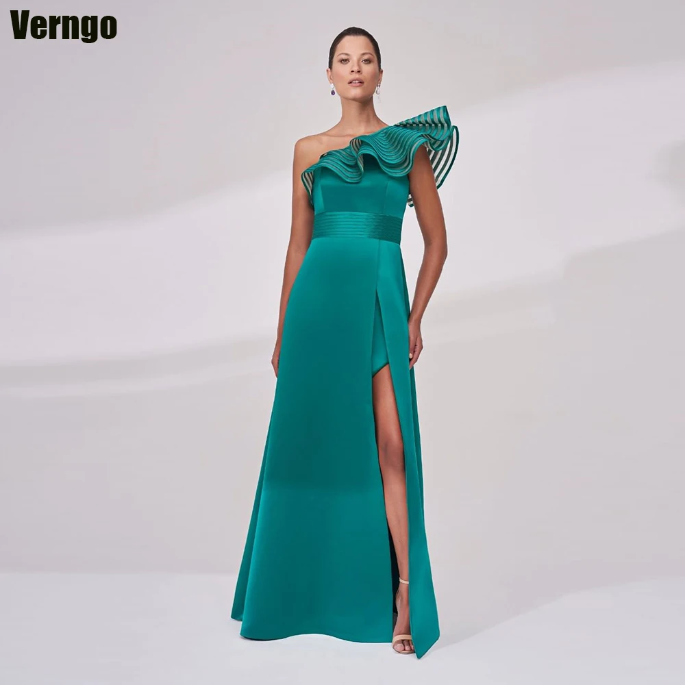 

Verngo Long Elegant Arabic Evening Party Dresses V-Neck One Shoulder Formal Prom Dress Satin Split Prom Gown robe de soiree