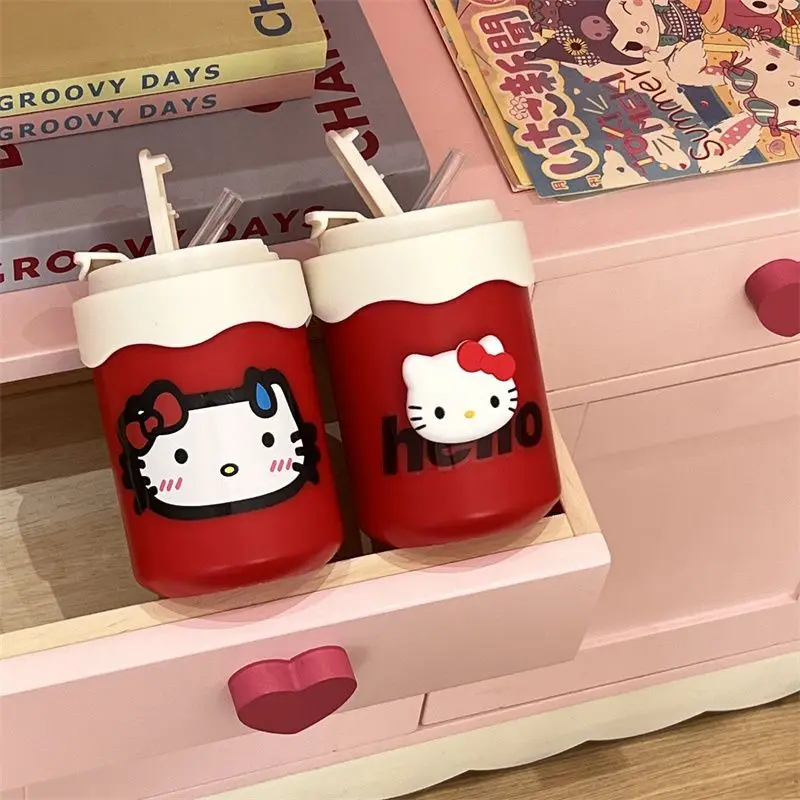 

The New Cute Kitty Cartoon Double Drink Water Cup 304 Stainless Steel Straw with Lid Warm Hands Milk Cup Compact Portable Kawaii