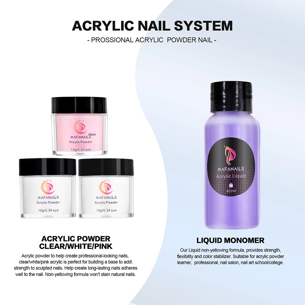 Acrylic Nail Kit 3Color Acrylic Powder&40ml Professional Liquid set for Nails Extension for Beginner DIY at Home