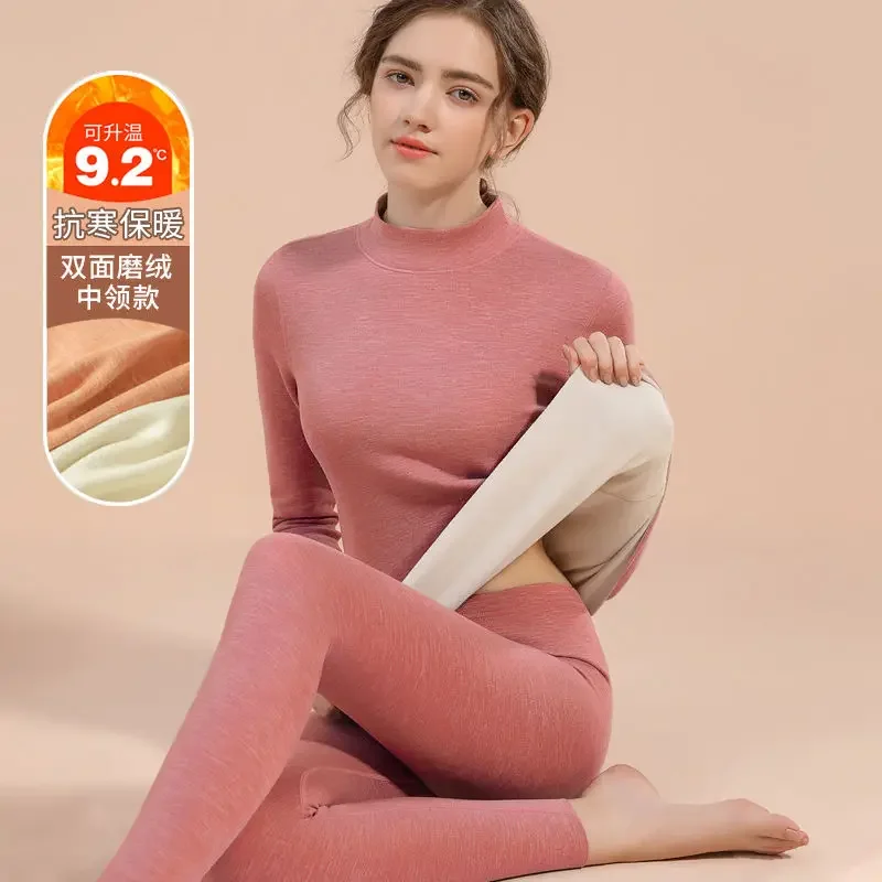 Thermal Underwear Sets Women Mid-high Collar Winter Warmth High Stretch Base Thick Velvet Tops Trousers Seamless Lingerie