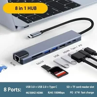 8 in 1 USB C HUB Type C Splitter 4K HDMI RJ45 100Mbps with SD Tf Card Reader Slot PD 87W Fast Charging for Notebook Computer 1