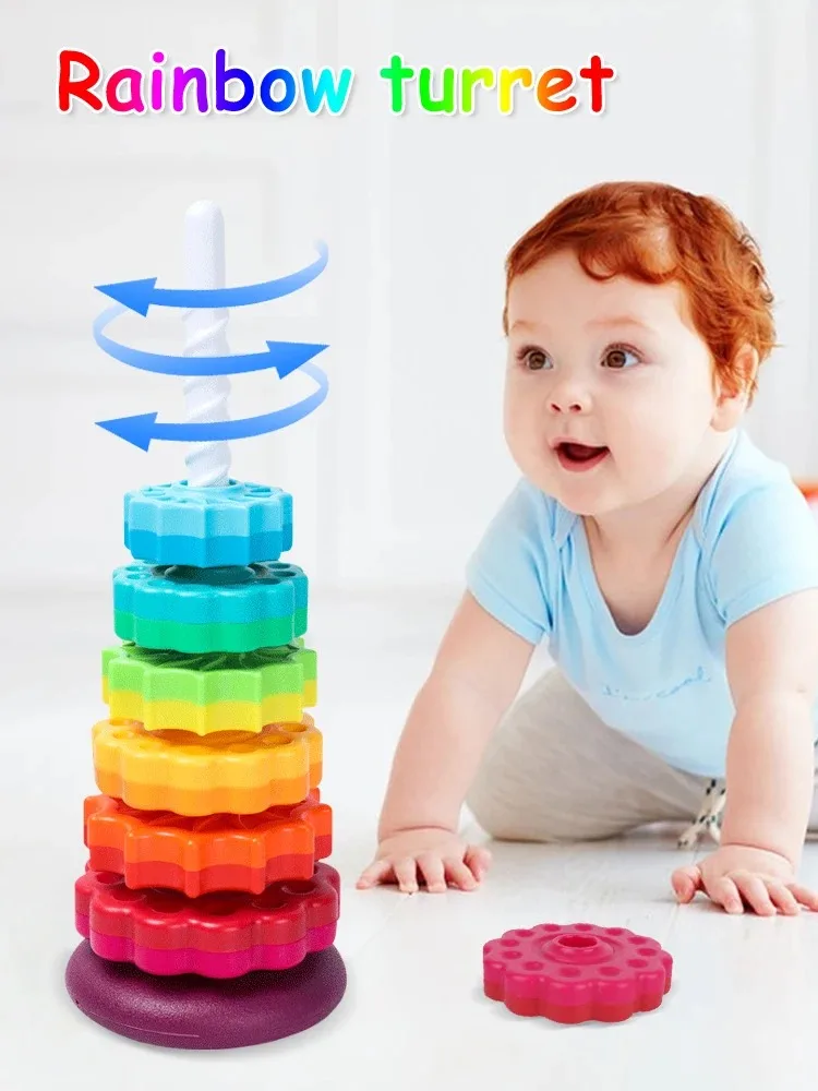 Montessori Children Cognitive Rainbow Circle Tower Early Education Geometric Circle Tower Jenga Toy