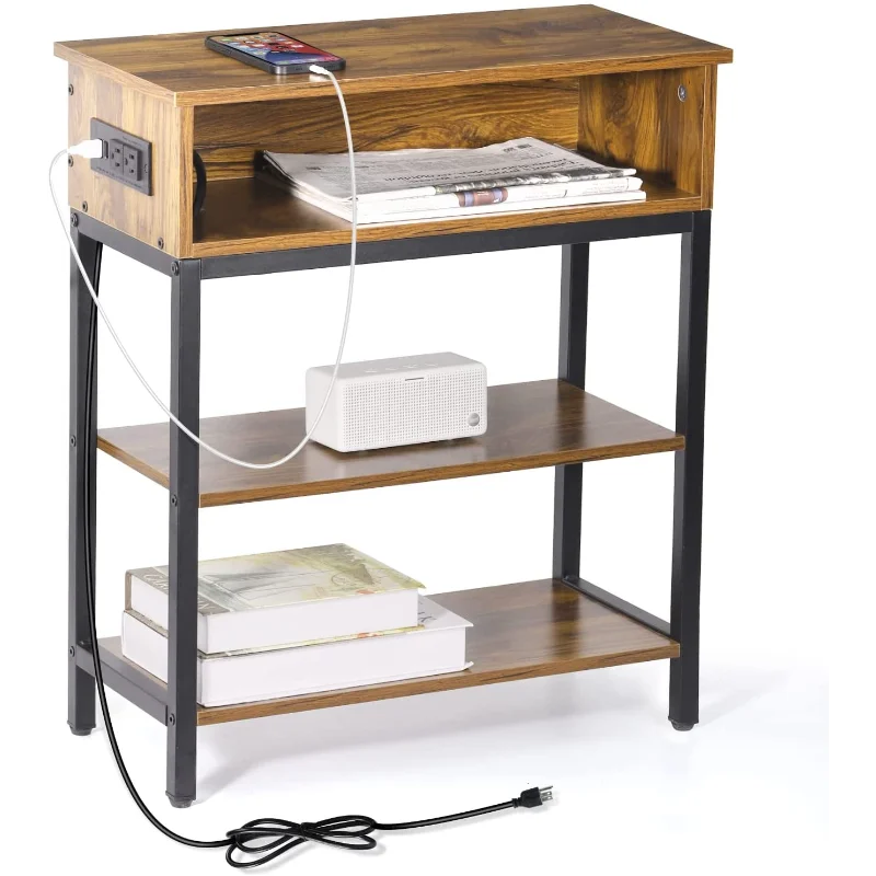 

Western Home End Table 3 Layers with Storage Shelf and Build-In Fast Charging Station with USB Ports Bedside Table