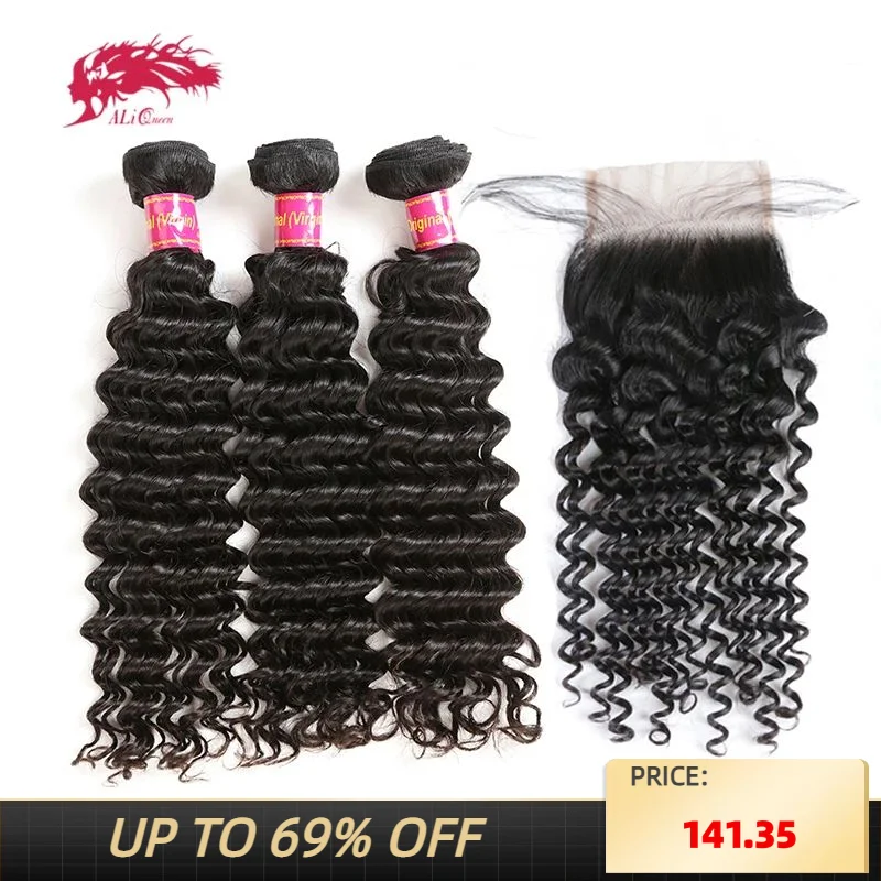 

Ali Queen Hair Brazilian Deep Wave 3/4Pcs Virgin Human Hair Bundles With Closure Free Part Bundles With Frontal Natural Color
