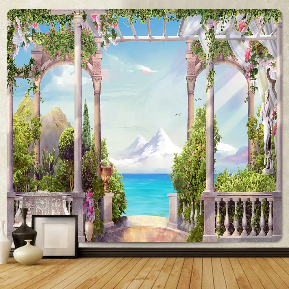 

Natural Landscape Tapestry European Garden Sea View Flower Sunshine Mountain Water Tapestries Bedroom Living Room Wall Hanging