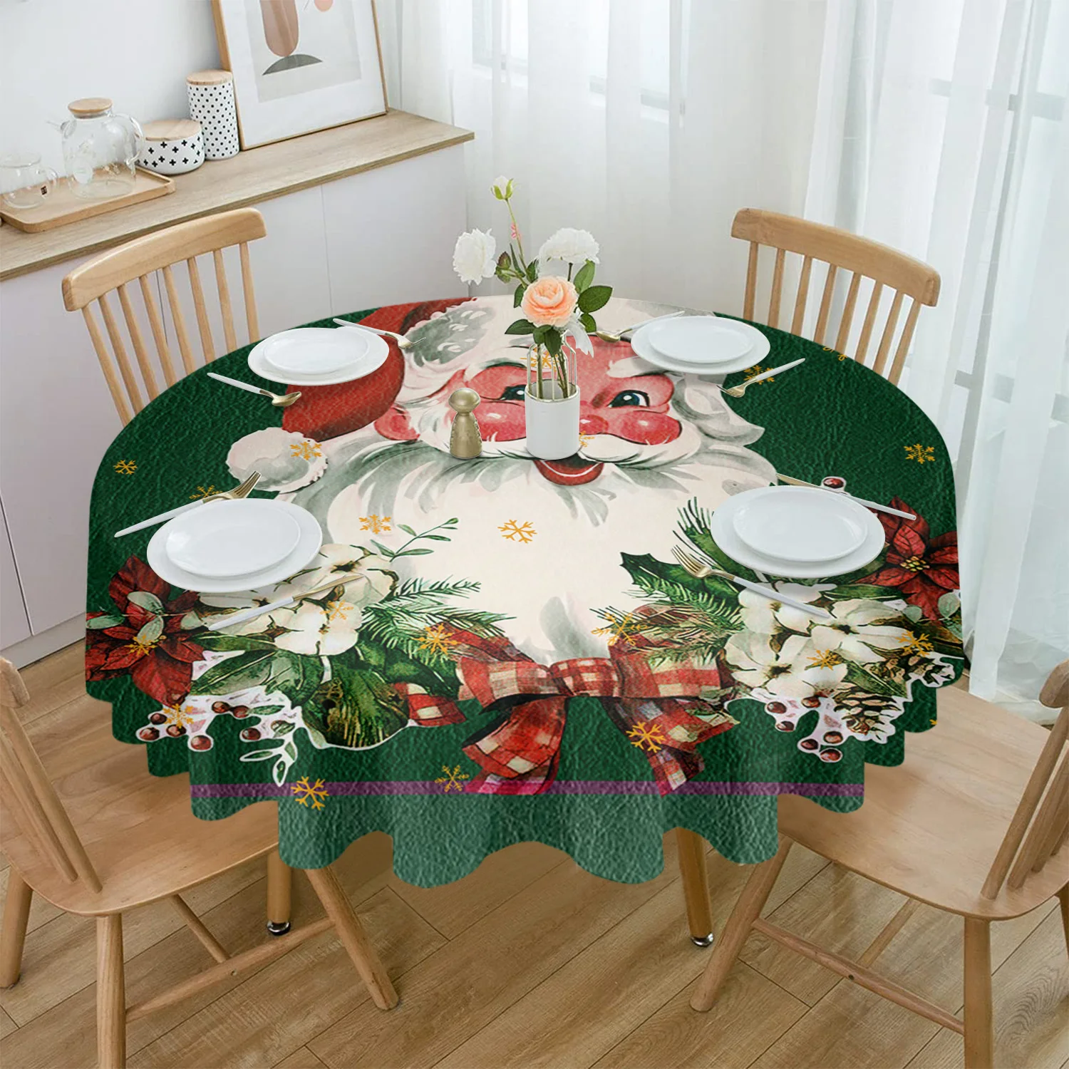 

Christmas Santa Claus Snowflake Round Tablecloth Waterproof Wedding Party Table Cover Xmas Dining Table Tablecloth