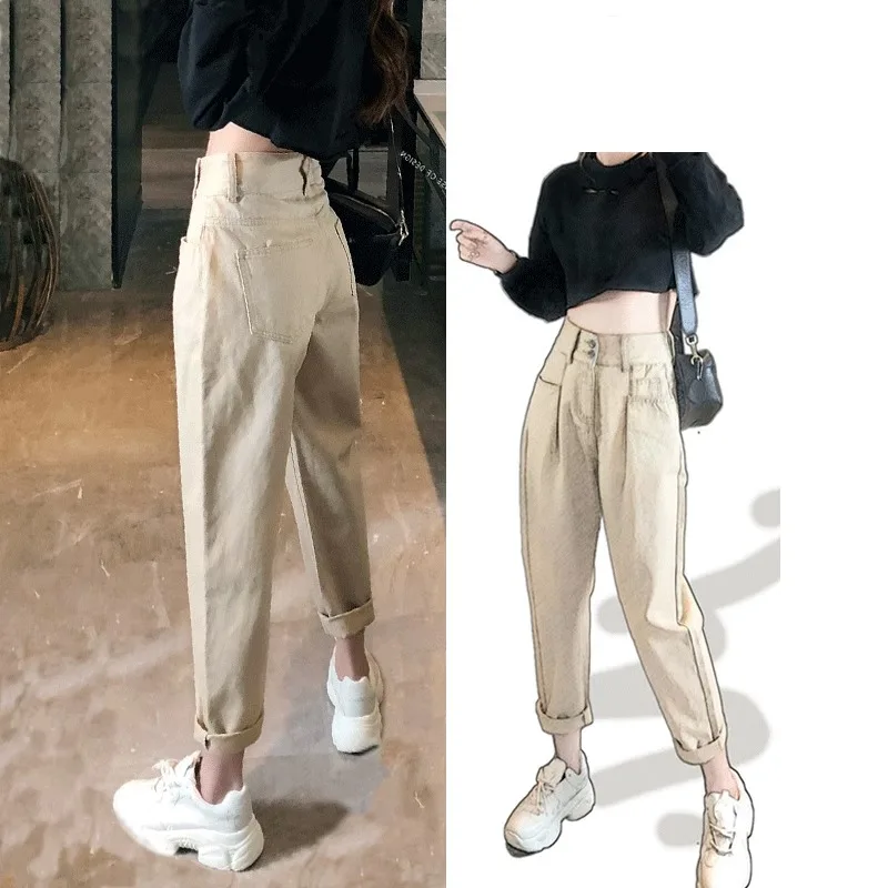 

Women's Clothing Pockets Zipper High Waist Button Solid Color Spring Autumn Cargo Straight Harem Trousers Office Lady Pants