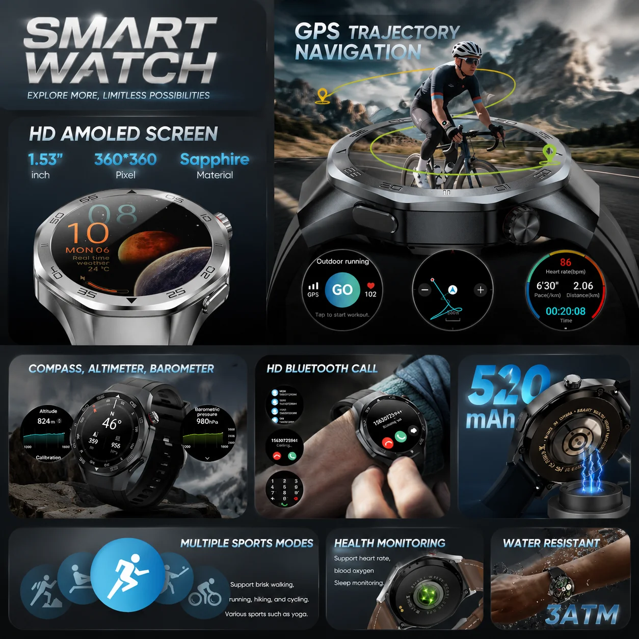 Smart Watch 6 Uomo Smartwatch GPS Track 3ATM Impermeabile Chiamata Bluetooth Frequenza cardiaca Bussola Altimetro Multi Sport Fitness Watch - Image 3