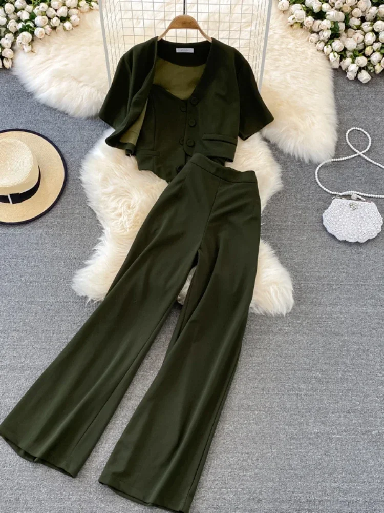 New Fashion Blazer Three Piece Sets Women Tank Tops V-neck Shirt Jacket Three-piece Suit High Waist Wide Leg Long Pants Oufits