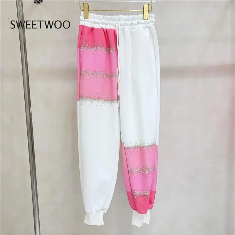 Hot Drilling Pink Pullover Sweatshirt Women Hoodies 2022 Spring New Tracksuit Fashion Elastic Casual Pants Female Two-Piece Set