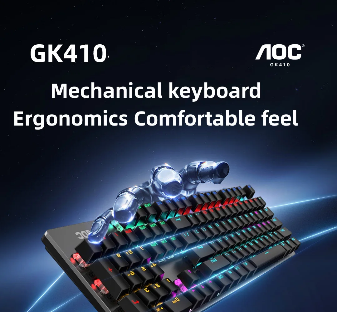 Фото Механическая клавиатура AOC GK410, игровая полностью клавишная клавиатура с металлической панелью, с переключателем синего и черного чая №2