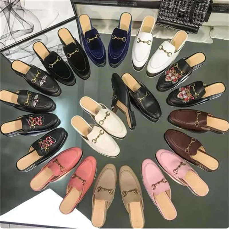 2024 new Spring Summer Street Buckle Baotou lady slippers wearing leather Muller flat slippers