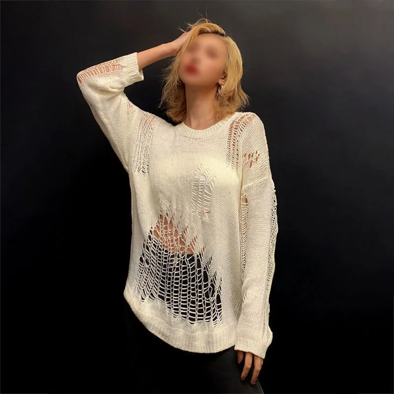 

HFYRMNG-Women's Punk Goth Sweater, Sexy Loose Hole Hollow Pullover, Long Sleeve, Hip Pop Knitted, Black and White, Female Autumn