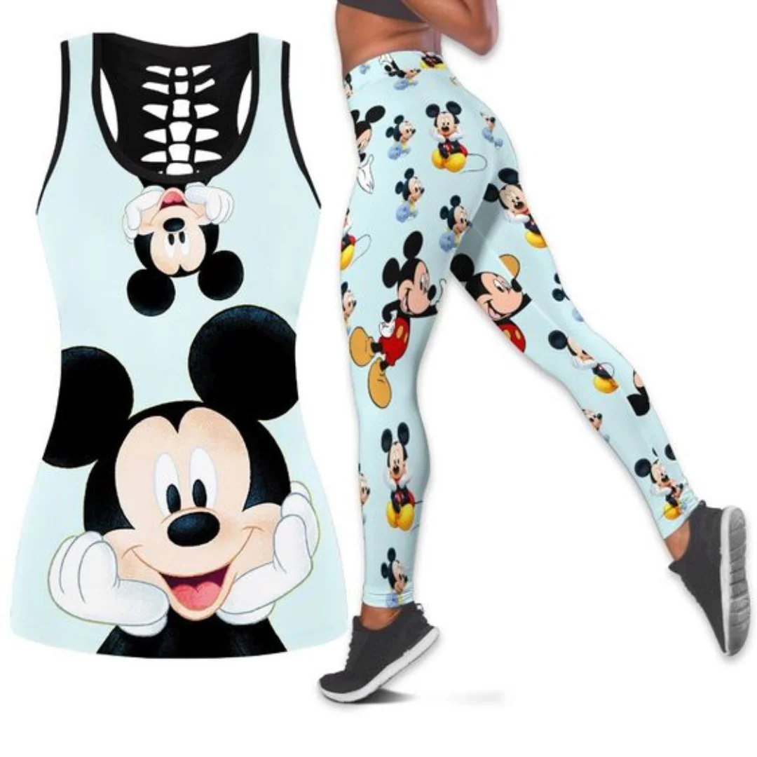 New Mickey Mouse Women's Hollow Vest Women's Leggings Yoga Suit Fitness  Leggings Sports Suit Disney Tank Top Legging Set Outfit