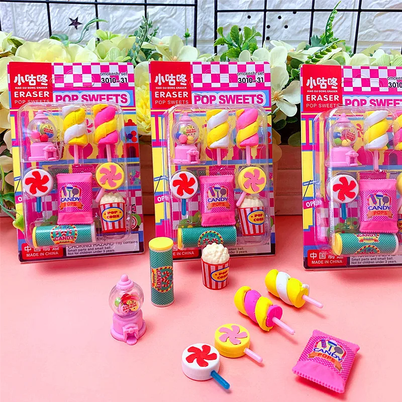 Cute Pupils' Stationery Cartoon Popular Candy Eraser Raffle Machine French Fries Lollipop Shape pencil eraser