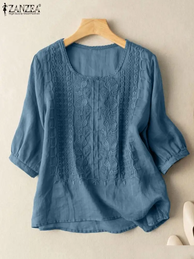 빈티지 셔츠 ZANZEA 여름 레이스 크로 셰 뜨개질 블라우스 여성 3/4 O 넥 슬리브 탑 자수 Blusas Femme Causal Cotton Chie