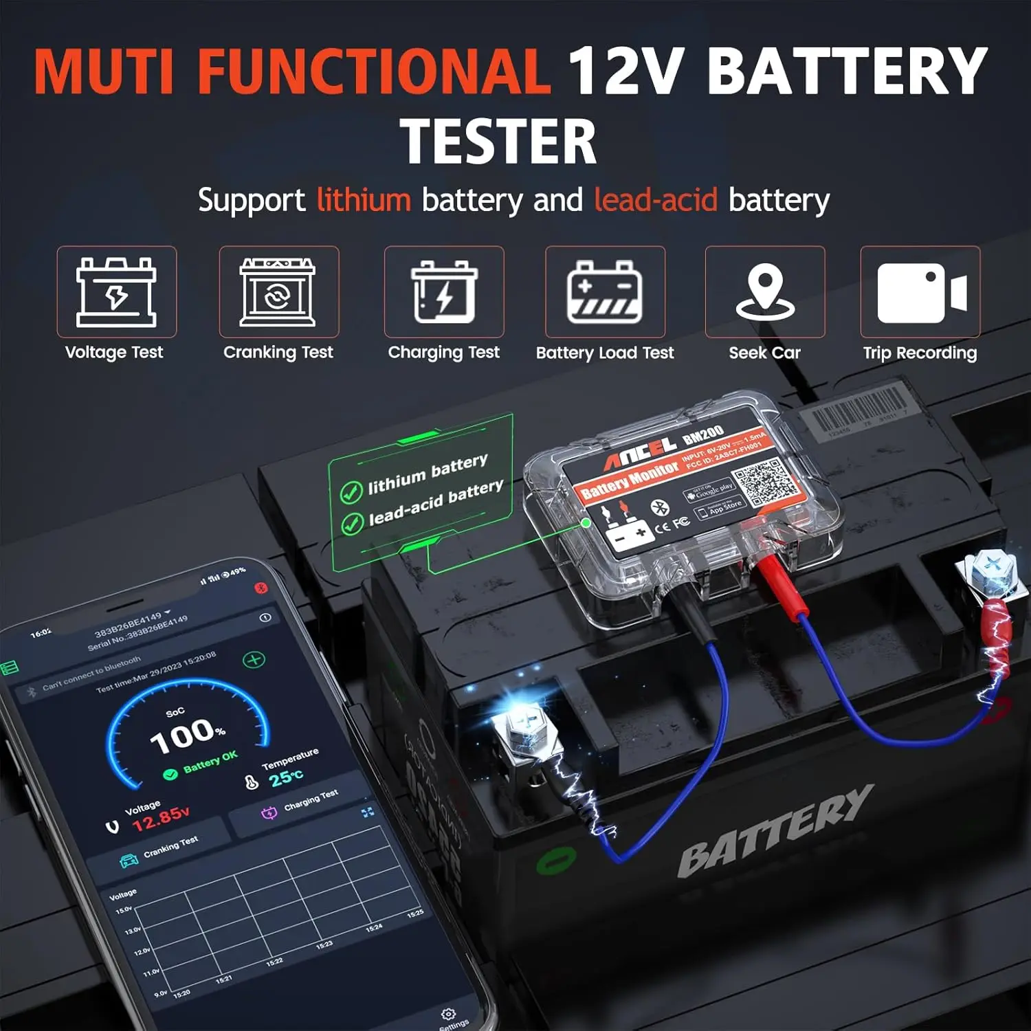 12V Car Battery Tester with Bluetooth, Voltage History & Alarm for Vehicle Monitoring