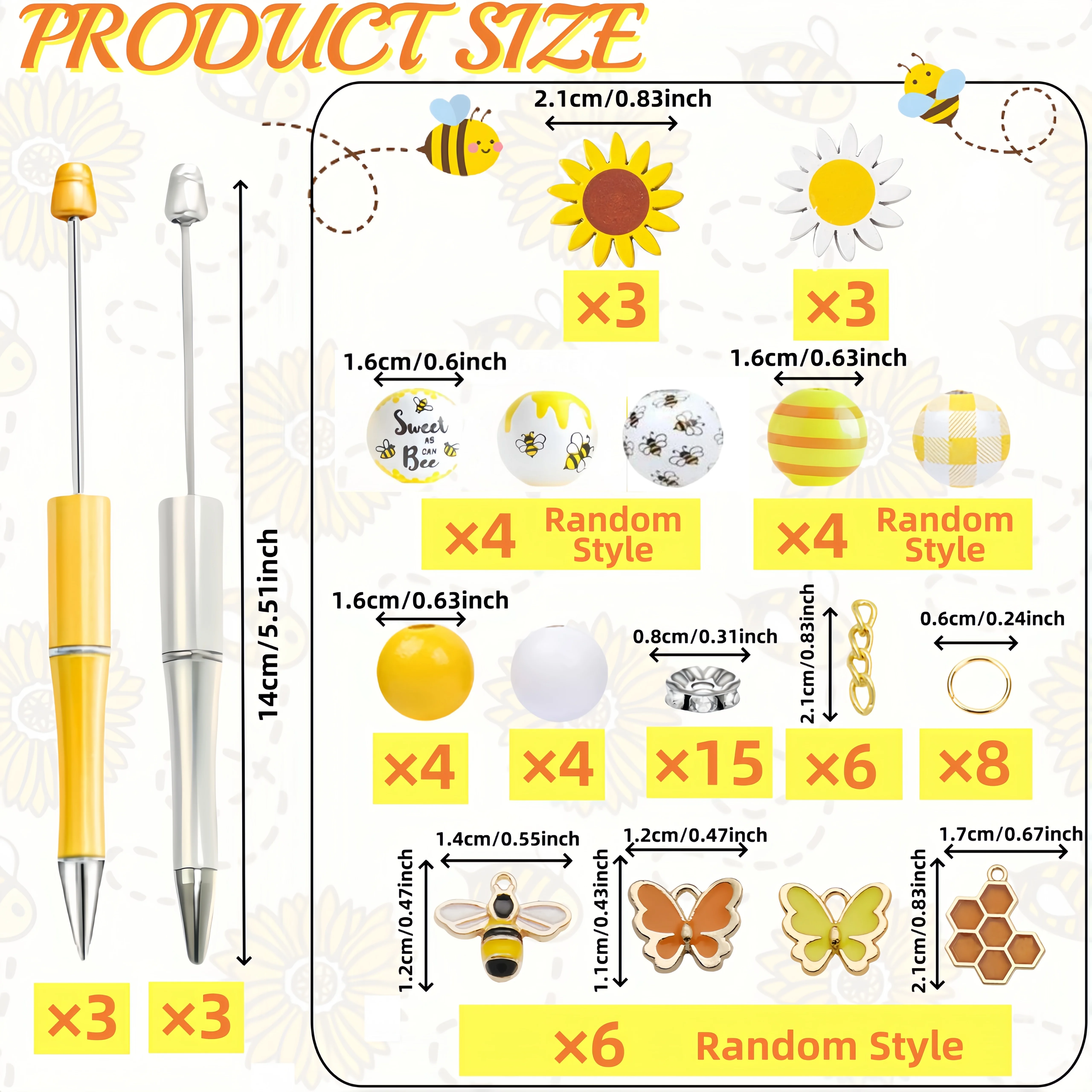 Multifunction Ballpoint Pen 6PCS Spring Sunflower Themed DIY Bead Ballpoint Pen & Wooden Bead Set With Bee Butterfly Alloy Pendant Office&Study Supply