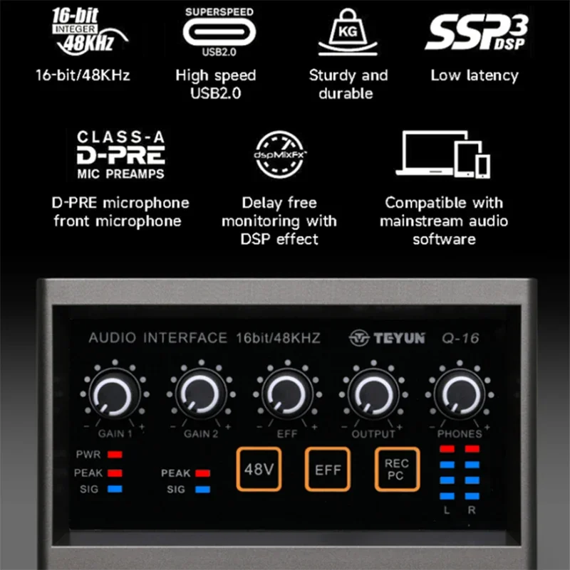 Interface de Áudio para Gravação Computador Unidade Gratuita Usb Placa de Som Externo para pc Pro Equipamento de Áudio Profissional Vídeo Teyunq16 - Image 4
