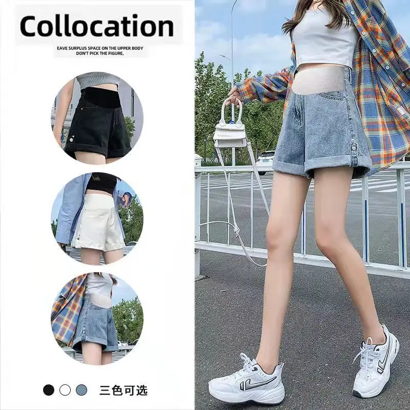 Maternity Summer Shorts Women's Denim Clothing Japanese and Korean Pregnant Women Wide Leg Shorts Jeans Loose Denim
