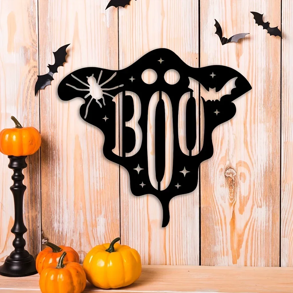 

1pc Halloween Boo Ghost Sign Front Door Decor Spooky Spider Door Hanger Outdoor Outside Porch Funny Metal Party Halloween Decor