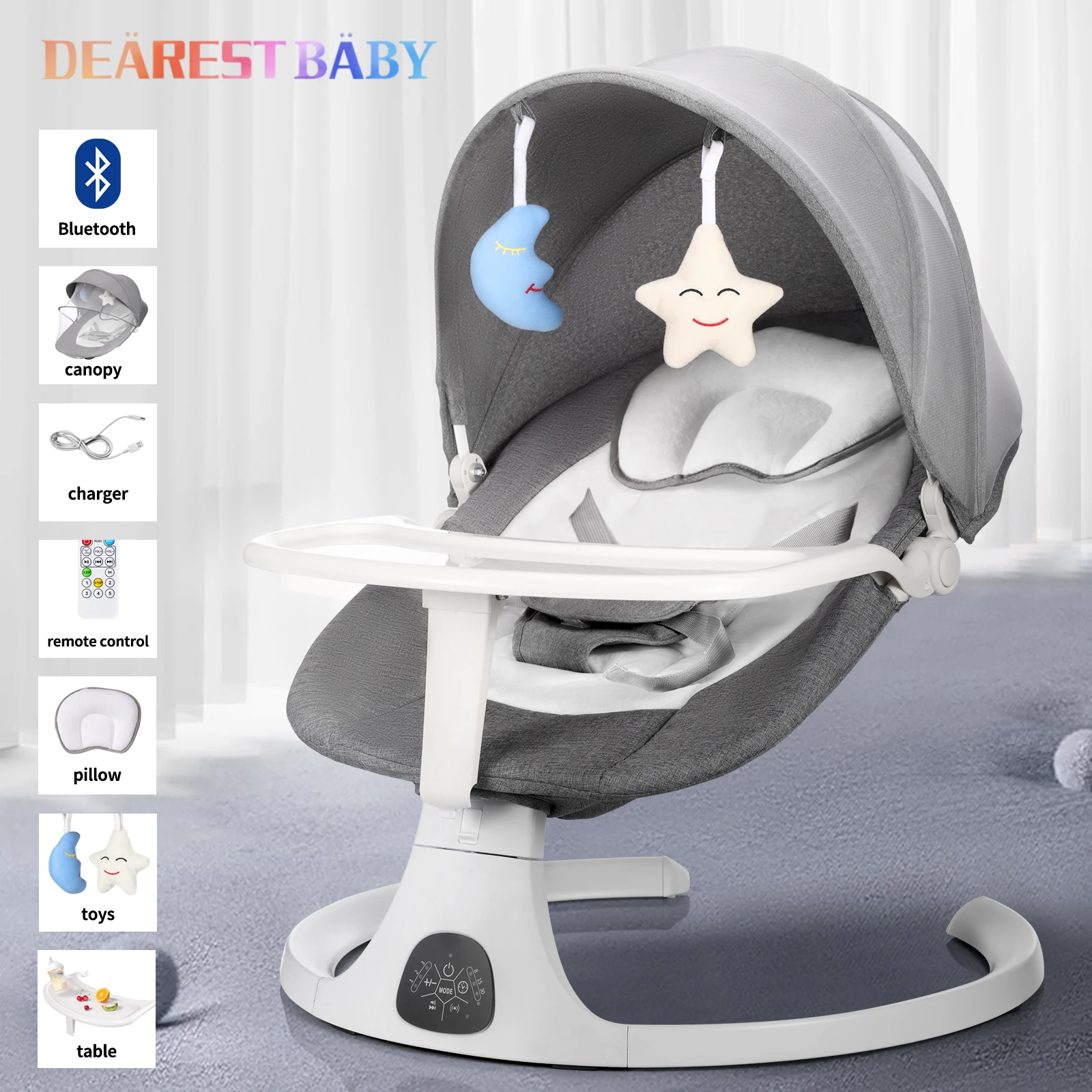 

Baby Swing Rest Chair Deluxe Auto Rocking Crib Shaker Recliner Baby Five Points Safety Belt with Bluetooth Music Remote Control