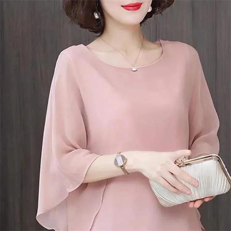 4XL Bat Shirt Summer Women's Loose T-shirt Small Shirt 2025 Spring/Summer Large Wrinkle Resistant And Elegant chiffon Top Green