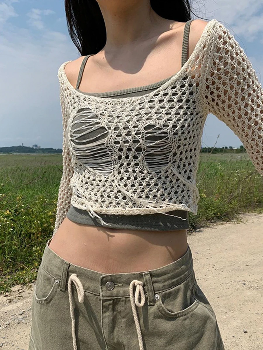 

Y2K Aesthetic Net Hole Pullover Top All Matching T Shirt Street Long Sleeve Crop Women Smock Casual Korean Fairy Grunge Tees