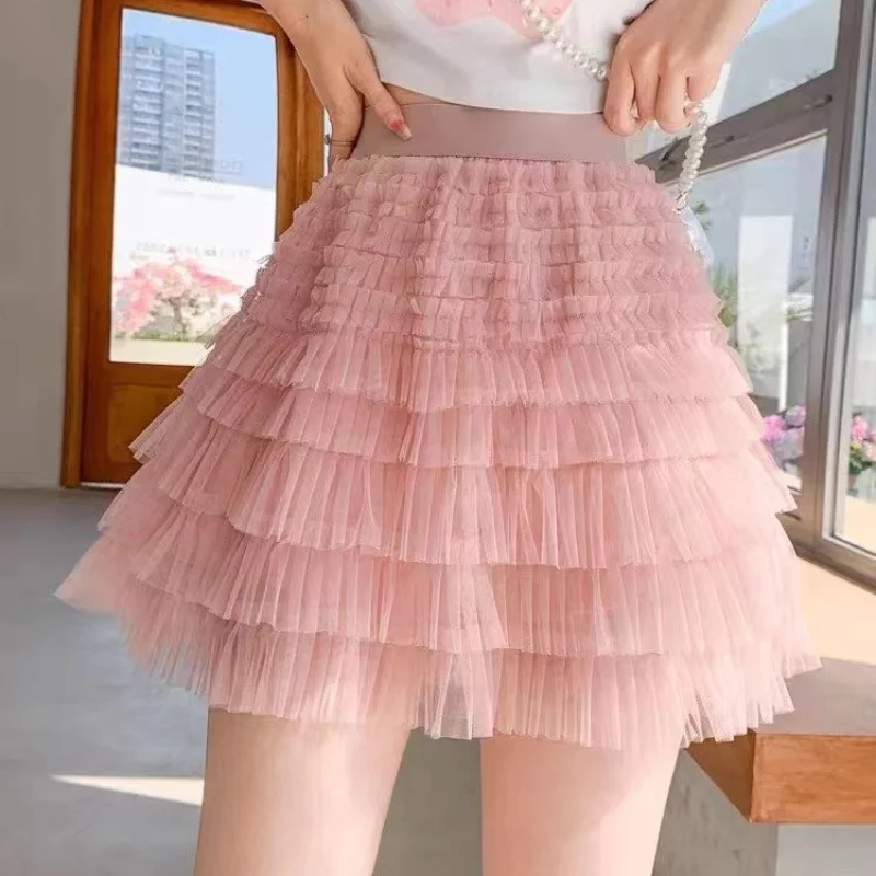 

Black Pleated Mini Tulle Skirt with Shorts Korean Style Pink Y2k Streetwear Summer 2023 New Spring Summer Women Polyester Skirts
