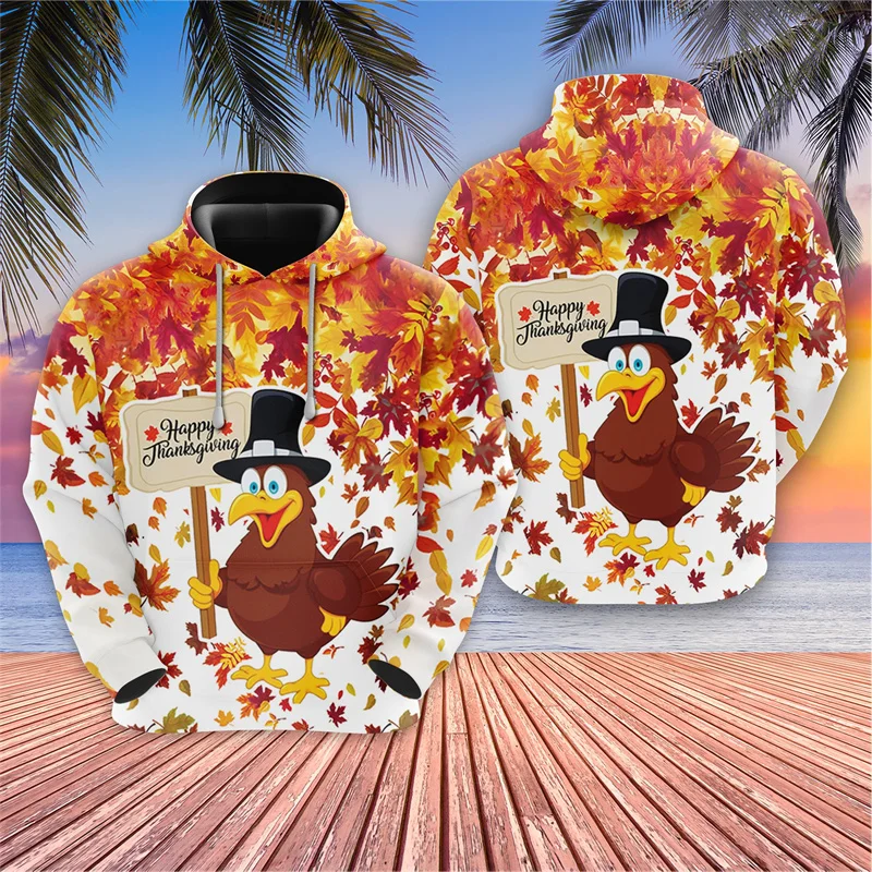 thumbnail image 1 of Sudadera con capucha con estampado 3D de hojas de arce y pavo para hombre y mujer, con estampado de feliz día de Acción de Gracias, informal, holgada, de manga larga, 1 of 4