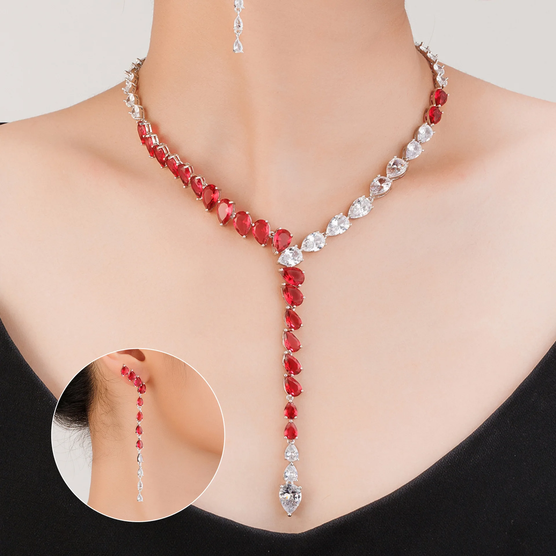 

Luxury Quality Jewelry Cube Zirconia Water Drop Pendant Necklace Set Luxury Wedding Bridal Jewelry Set for Party Gift