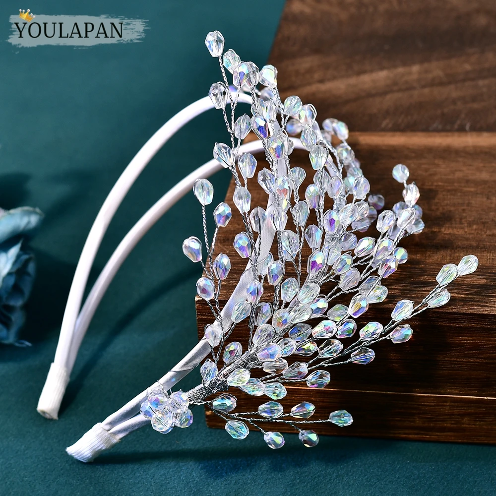 YouLaPan 럭셔리 AB 크리스탈 신부 머리띠 비대칭 사이드 크리스탈 더블 헤드 후프 웨딩 파티 헤어 액세서리 A214