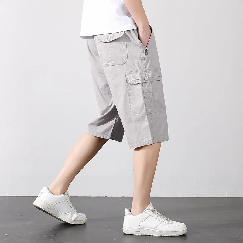 2024 Summer Male Cargo Shorts Military Knee Pants Zipper Pocket Summer Cotton Shorts  Jogger Elastic Waist Sports Wear Clothes