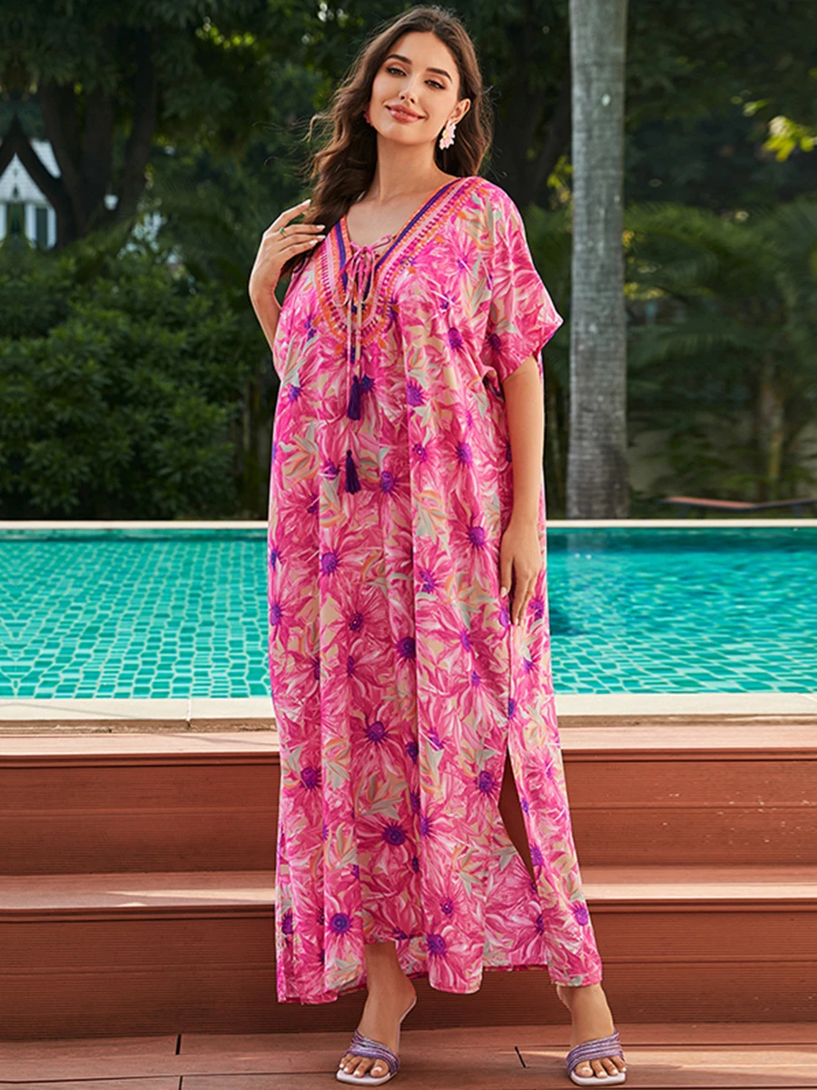 

Женский купальник-накидка с принтом, розовый свободный купальник с коротким рукавом, пляжный купальный костюм с защитой от солнца, большие размеры, лето 2024