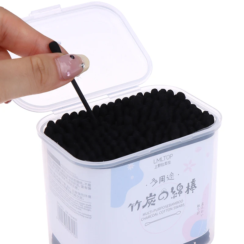200pcs Disposable Cotton Swab Spiral Ear Cleaner Black Double Heads Medical Swab Lipstick Eyebrow Eyelash Cotton Bud Makeup Tool 2