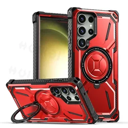 Magnetic Guardian Heavy Duty Shock Absorption Protective Case with Rotatable Kickstand for Samsung S24 (Red)