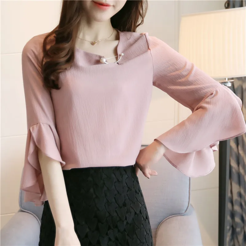 Seven-point Female Ruffled Sleeved Loose Shirt Chiffon Blouses 1