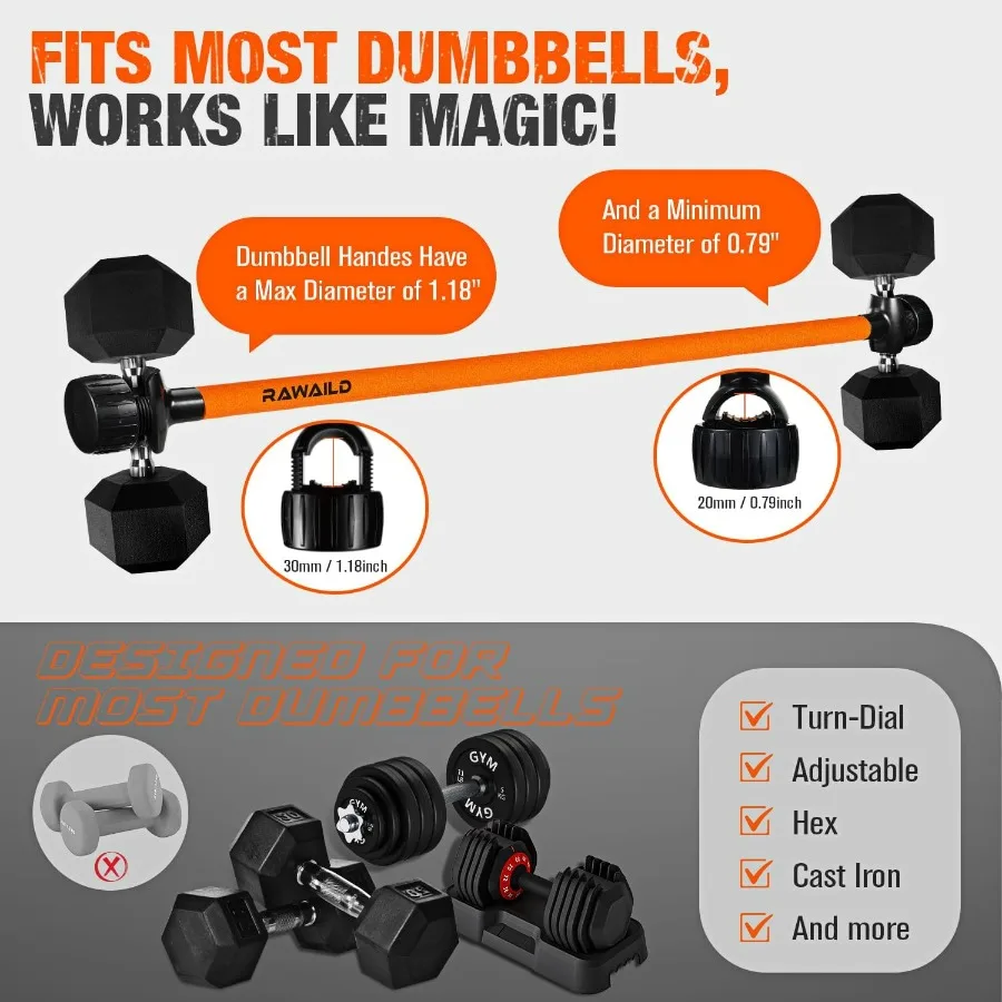 Dumbbell Converter, Convert Dumbbells to Barbell Set, Weight Bar for Bench Presses, Squats, Hip Thrust, Deadlifts, Home Weightli