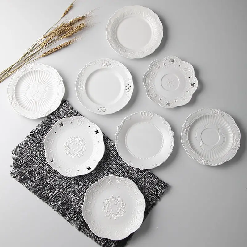 European style Relief Cake Dessert Plate Ceramic 6-inch Plate Disc Flat White Porcelain Home Dishes Dinner Plates