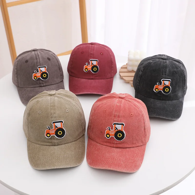 Washed Cotton Baby Baseball Cap Cartoon Tractor Embroidered Kids Snapback Hat Summer Soft Cotton Boys Girls Sun Hats