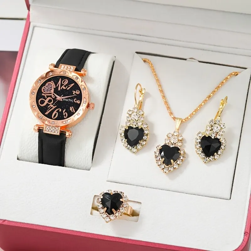 

Women Luxury Watch Ring Necklace Earrings Rhinestone Love Dial Fashion Wristwatch Female Casual Ladies Watches Set Clock