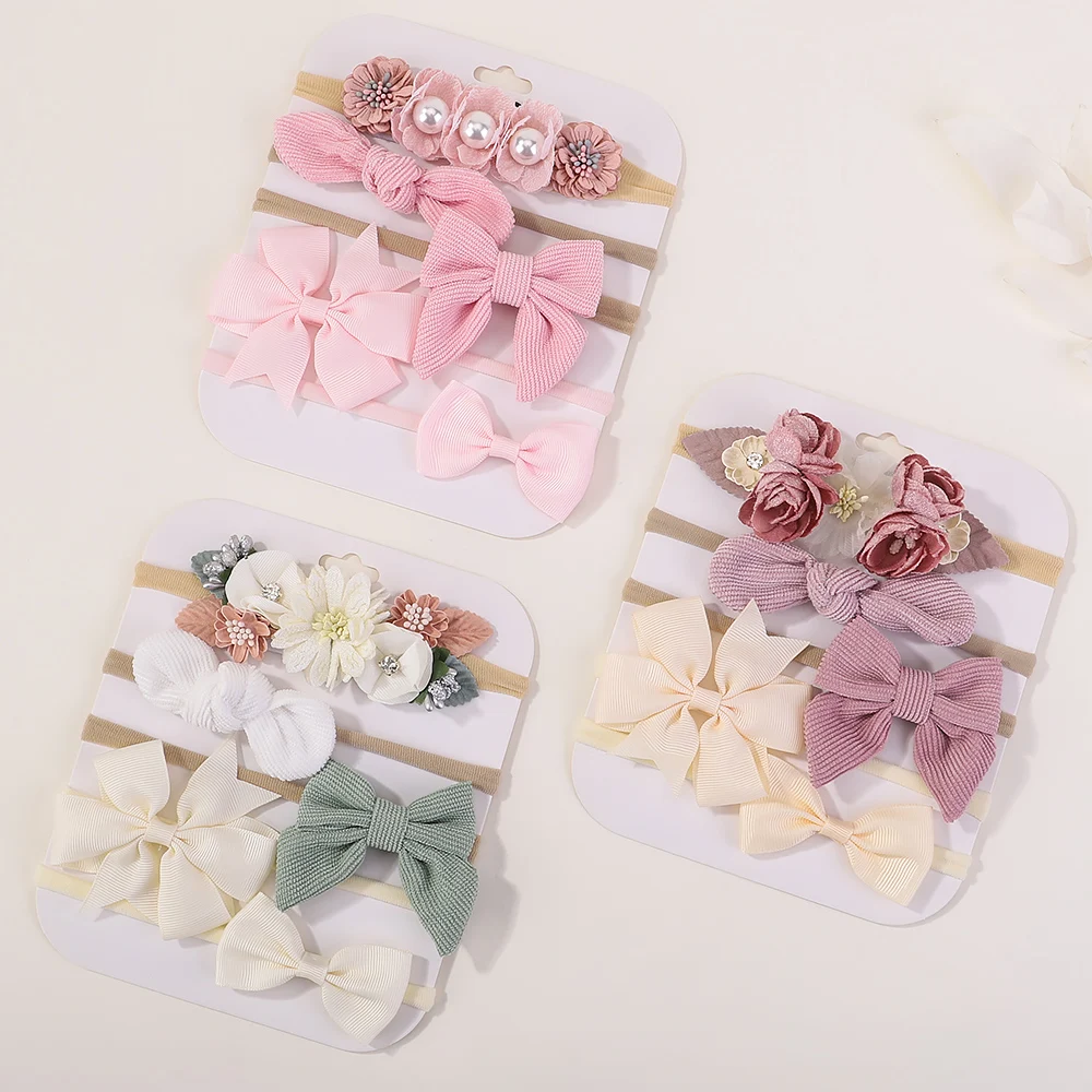 5pcs/Lot Nylon Elastic Bow Headband Baby Solid Knot Flower Fabric Hairbow Set Kids HairBands Handmade Girls Hair Accessories