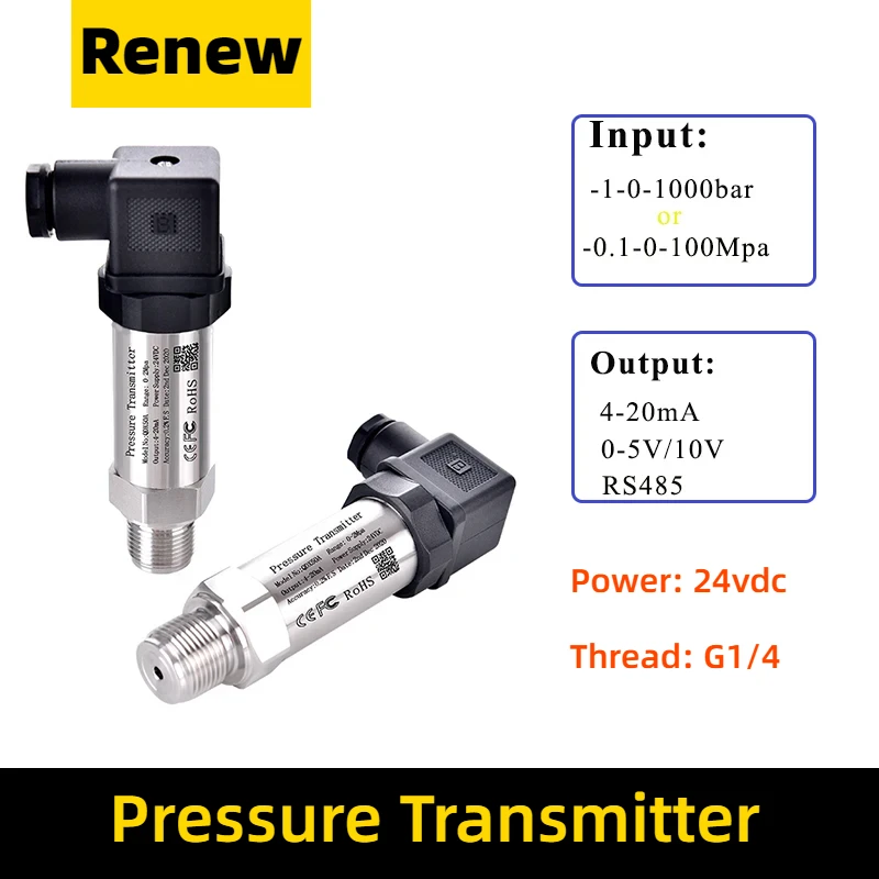 

400BAR Pressure Transducer 16bar Water Oil Fuel Gas g1/4 Pressure Transmitter 24VDC 4-20mA Optional Stainless Steel