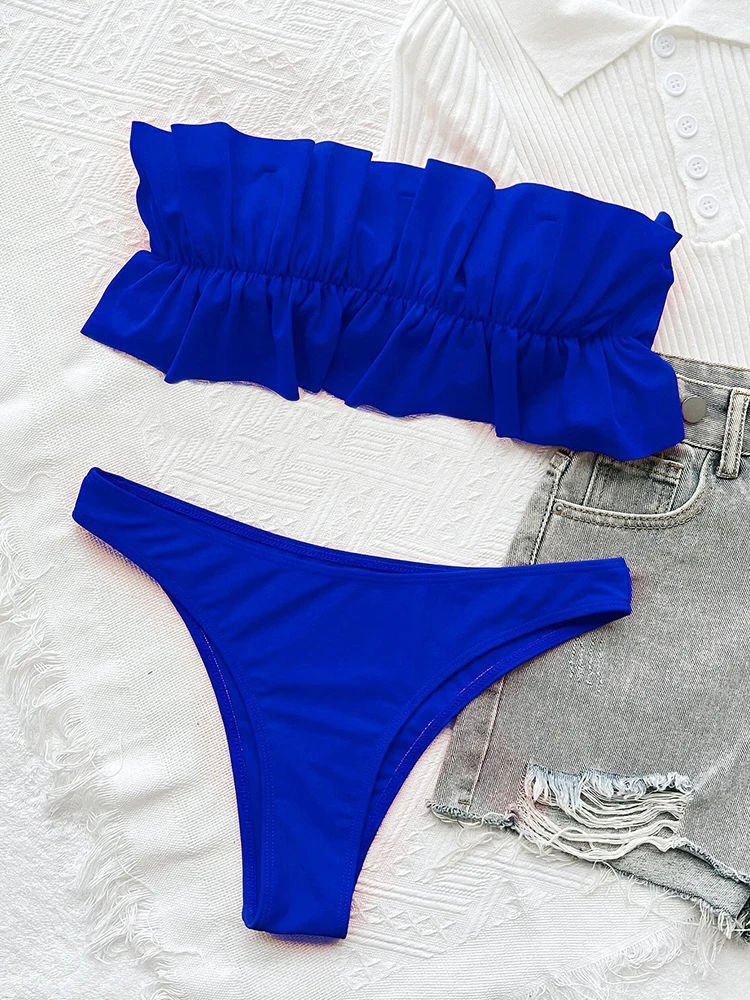 2022 Sexy Solid Bandeau Bikini Ruffle Swimwear Women Swimsuit Female Two Pieces Bikini Set Bathing Suit Summer Beach Wear Bather cheap bikini sets