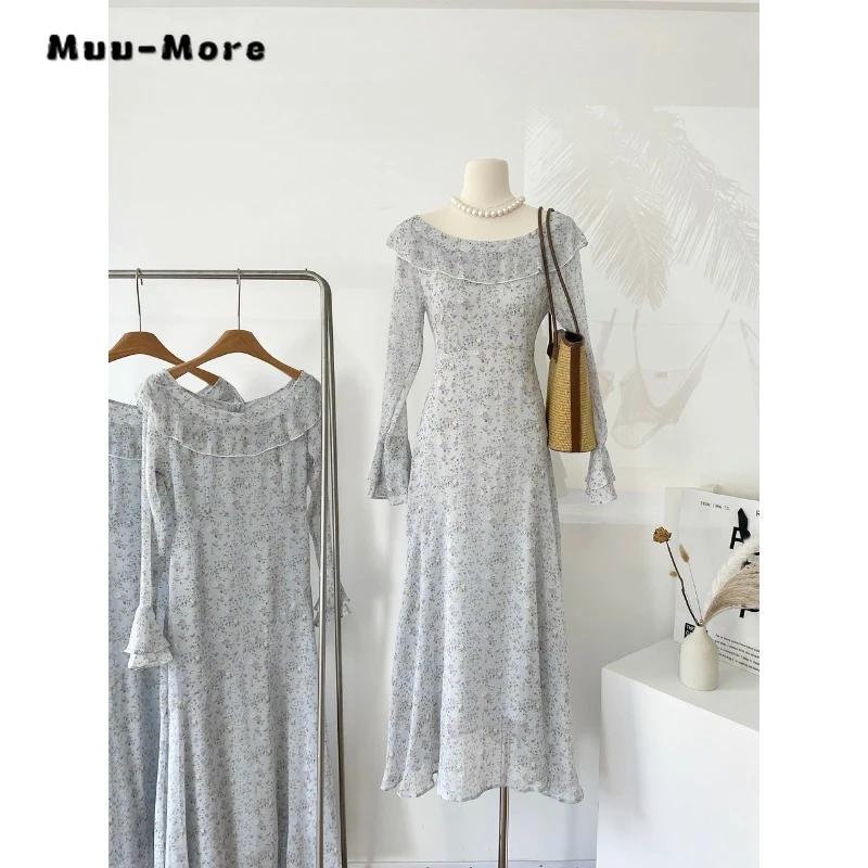 

2023 Autumn Vintage Long Sleeve Slim Fit Floral Print O-neck Midi Dresses Women Elegant Chiffon A-Line High Waist Evening Dress