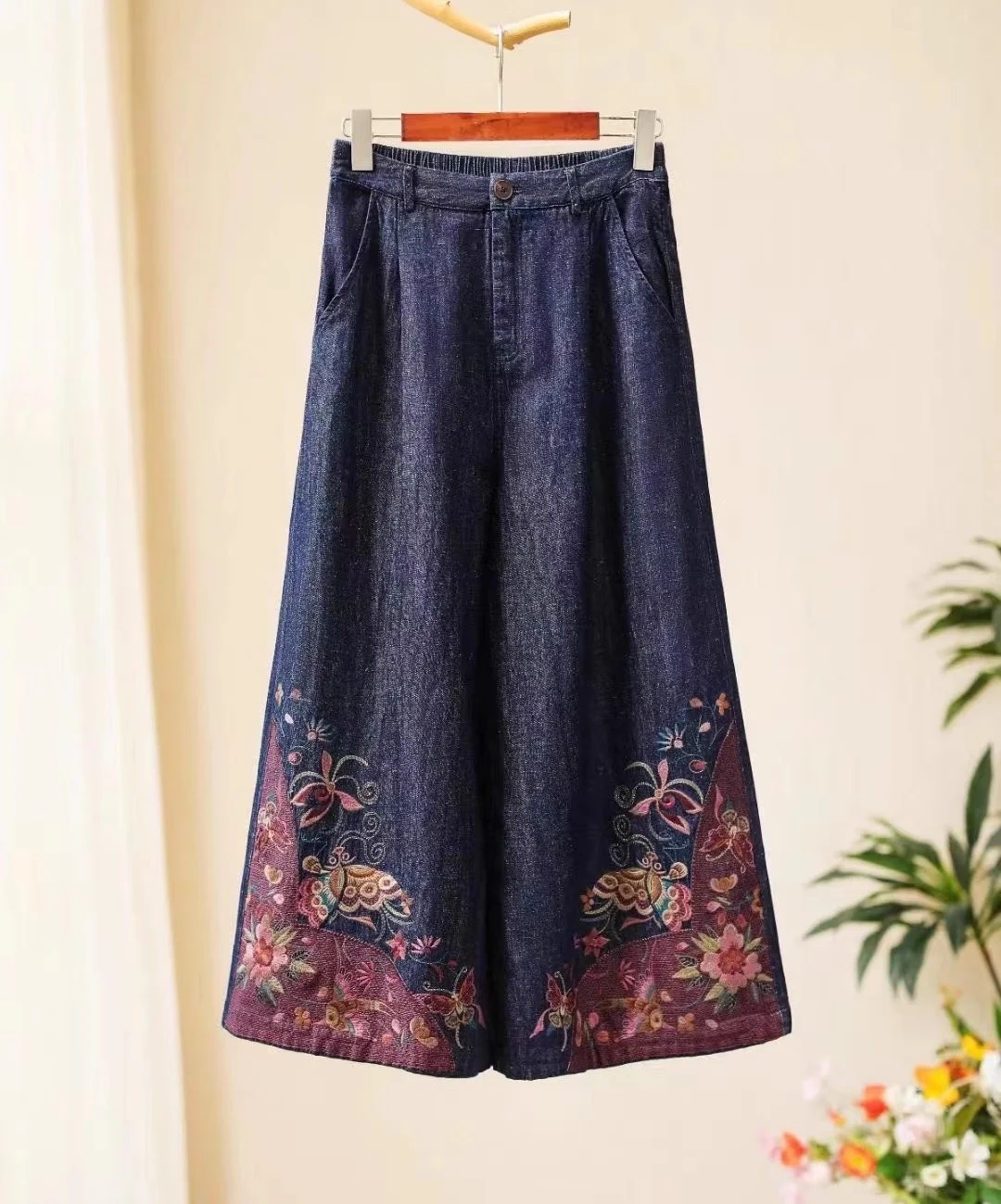 

Vintage Women's jeans national style embroidery Wide-legged pants elastic waist Denim hemp casual loose pantskirt woman clothes