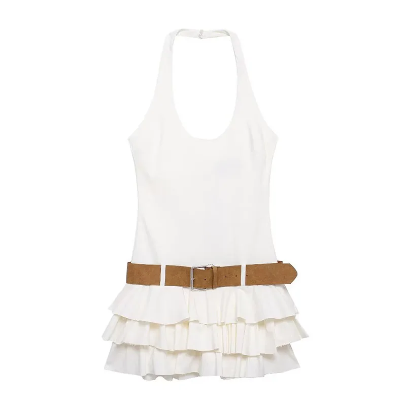 thumbnail image 1 of HH TRAF Vestido corto plisado de verano con cuello halter para mujer, moda femenina, sin mangas, cuello redondo, espalda descubierta, con cinturón, informal, corto, 1 of 5