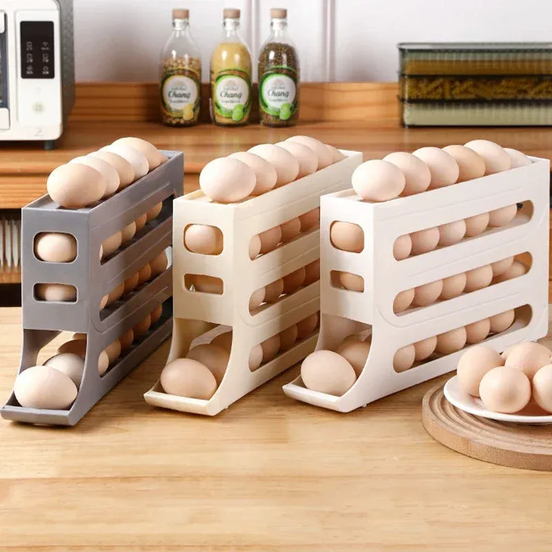 2/4 Layers Automatic Scrolling Egg Rack Kitchen Egg Storage Box Fridge Eggs Organizer Holder Large Capacity Eggs Storage Racks