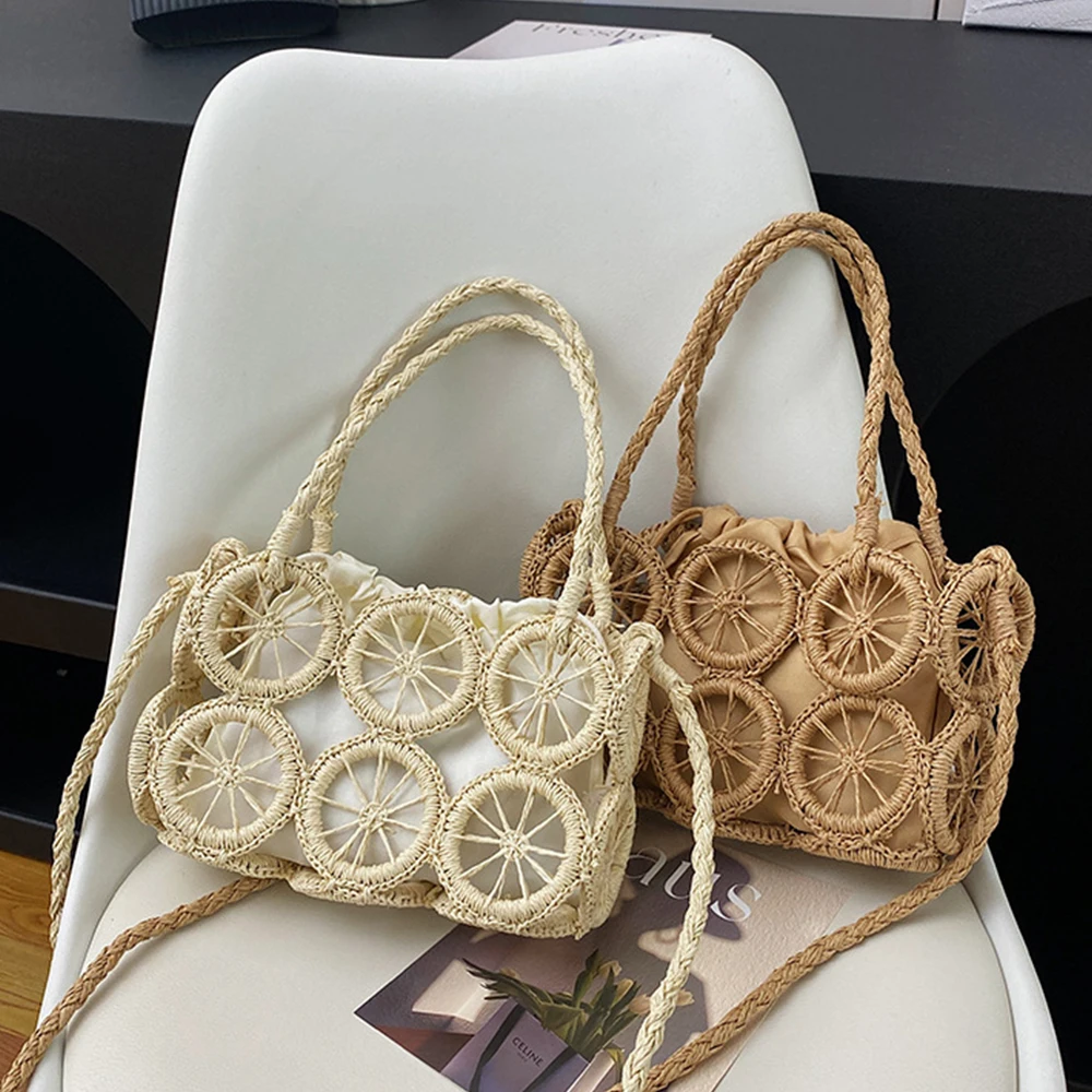 

Cute Lemon Slices Straw Bag Bohemian Hollow Woven Bags for Women Handbags Paper Rope Travel Beach Bag Shoulder Crossbody Bags
